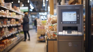 Caisse automatique en libre-service dans un supermarché, disponible pour qu’un client scanne ses articles