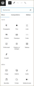 Éditeur de blocs Gutenberg avec options d'insertion de code