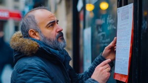 Un homme lisant un texte dans la rue, avec un air triste ou désorienté