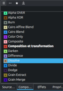 Transition Dissolve dans Kdenlive située dans l'onglet Composition