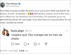 Tibo InShape exprime son vote pour Ensemble lors des élections législatives de 2024